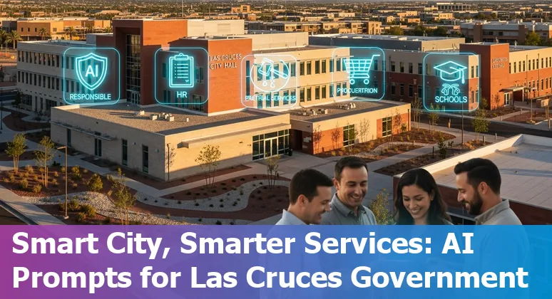 City of Las Cruces government building with overlay icons representing AI use in HR, courts, schools, and public services.