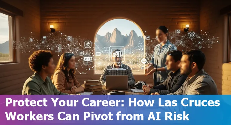 City of Las Cruces clerk at a desk with AI assistant on a laptop screen, showing documents and Spanish-English public notices.