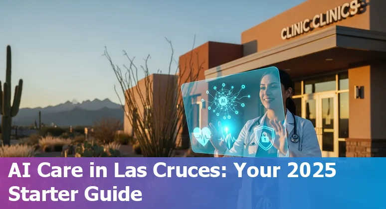 Healthcare AI illustration overlaid on Las Cruces, New Mexico skyline showing AI icons and medical symbols