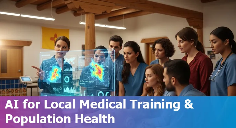 Illustration of AI assisting healthcare in Las Cruces: bilingual patient handouts, telehealth, hospitals, and BCOM building.