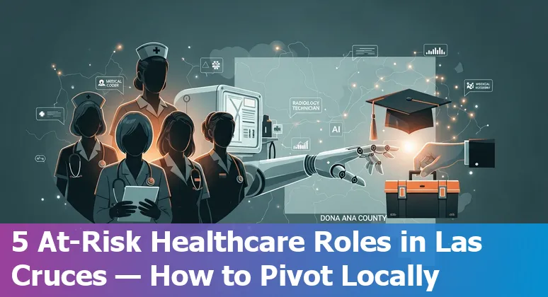 Las Cruces healthcare worker with AI medical imaging overlays and NMSU campus in background