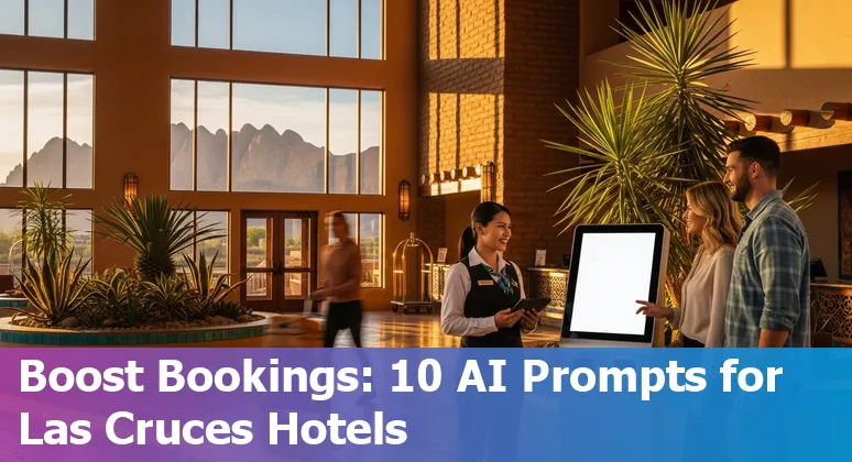 Hotel front desk using AI chatbot on a tablet with Organ Mountains in background, representing Las Cruces hospitality tech.