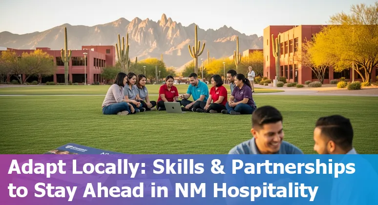 Hospitality worker using a tablet at a hotel check-in desk in Las Cruces with NMSU campus in the background