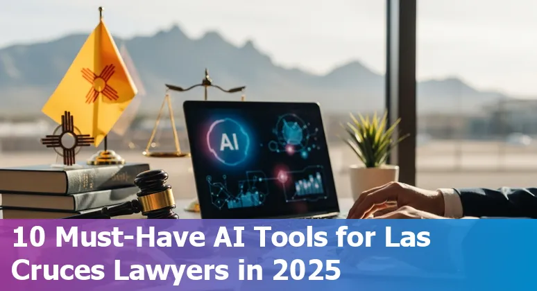 Collage of AI legal tools icons and a Las Cruces skyline silhouette representing legal technology in 2025