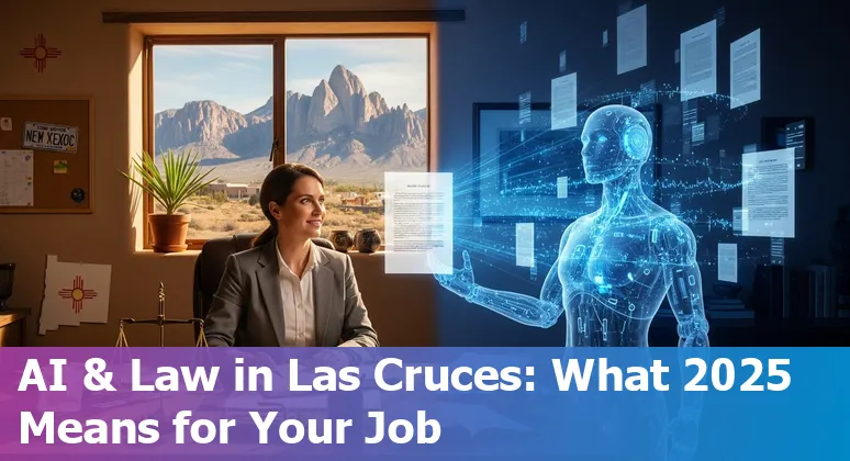 Legal tech and AI notebook with Las Cruces, New Mexico skyline overlay — Will AI replace legal jobs in Las Cruces, NM in 2025?