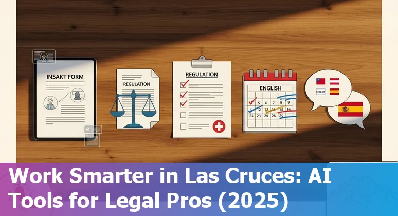 Lawyer using AI on laptop with Las Cruces map, Ashley Store address, and self-driving car icon.
