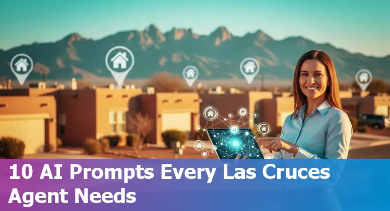Map of Las Cruces with AI icons over real estate types: houses, apartments, commercial sites, and construction.