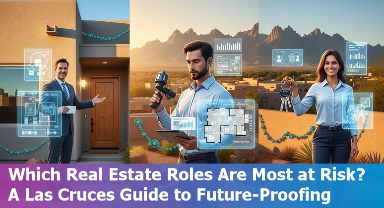 Las Cruces skyline with real estate agent, AI icons, and property listings overlay