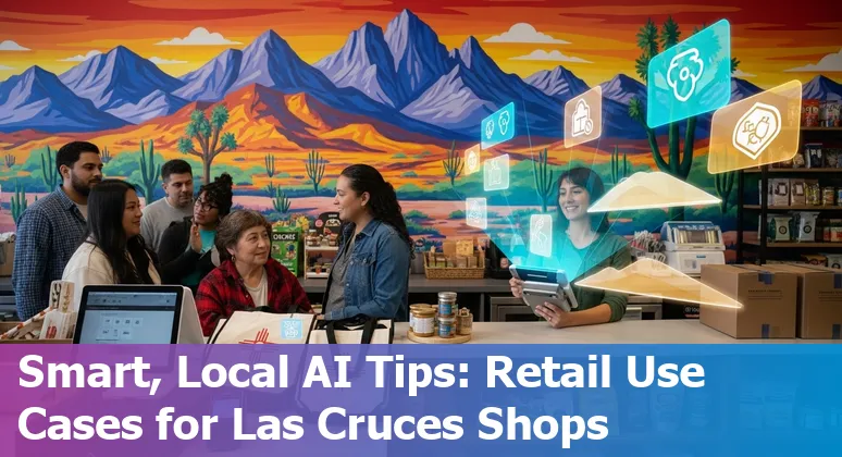 Shopkeeper in Las Cruces using a tablet with AI-driven retail analytics and local desert landscape in background