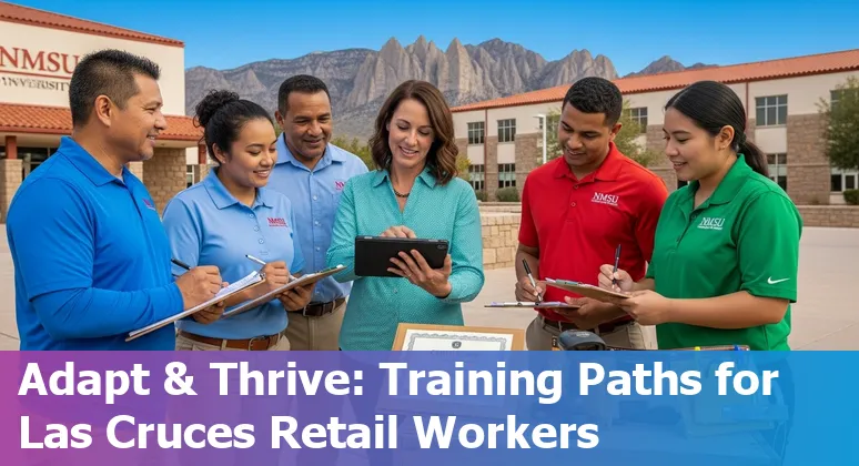 Retail worker using tablet in a Las Cruces store with AI analytics overlay and New Mexico State University campus in the background