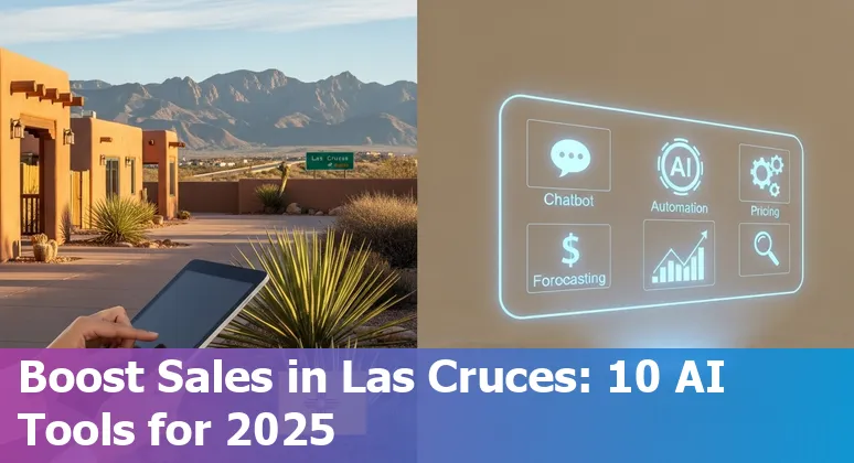 Sales professional using AI tools on laptop with Las Cruces cityscape and White Sands in the background