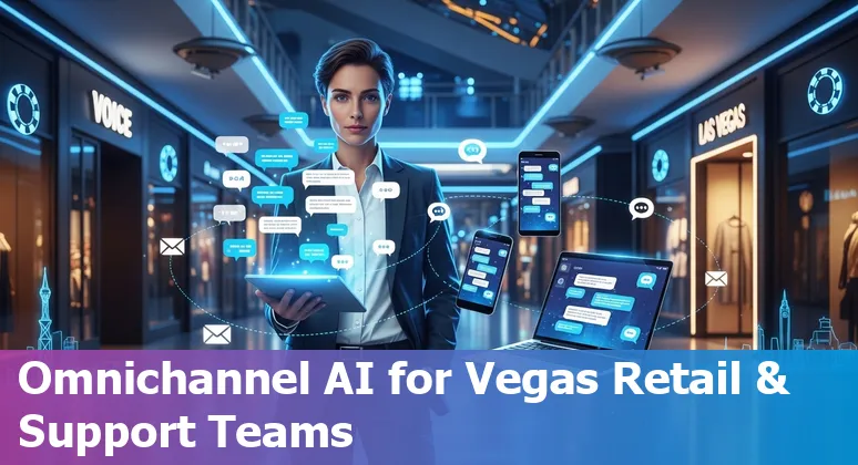 Collage of AI customer service tools logos and Las Vegas skyline representing AI for hospitality and retail support.