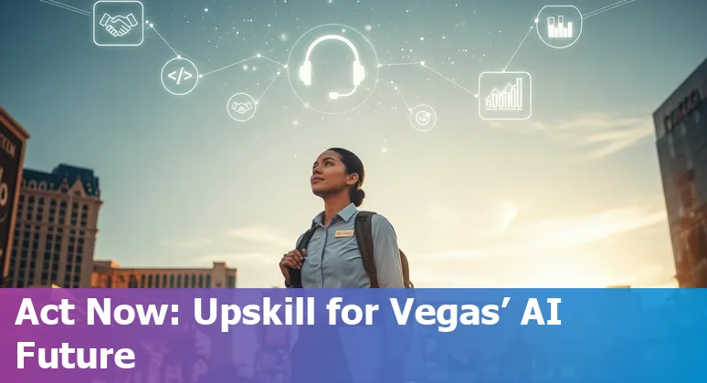Customer service agent with AI dashboard overlay in Las Vegas, Nevada skyline background