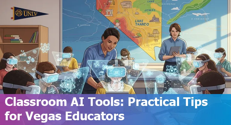 Teacher and student using AI tools in a Las Vegas, Nevada classroom in 2025 — NDE and UNLV resources visible