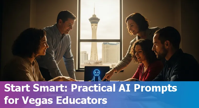 Educator using AI tools on a laptop in a Las Vegas classroom with city skyline in background