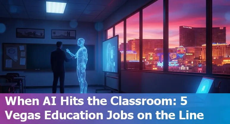 Las Vegas skyline with educators and AI icons representing automation risks and adaptation pathways.