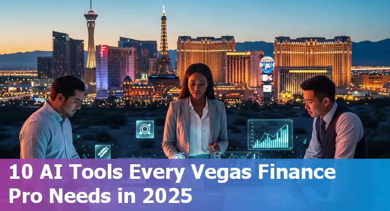Collage of AI icons and Las Vegas skyline with finance symbols like charts and dollar signs