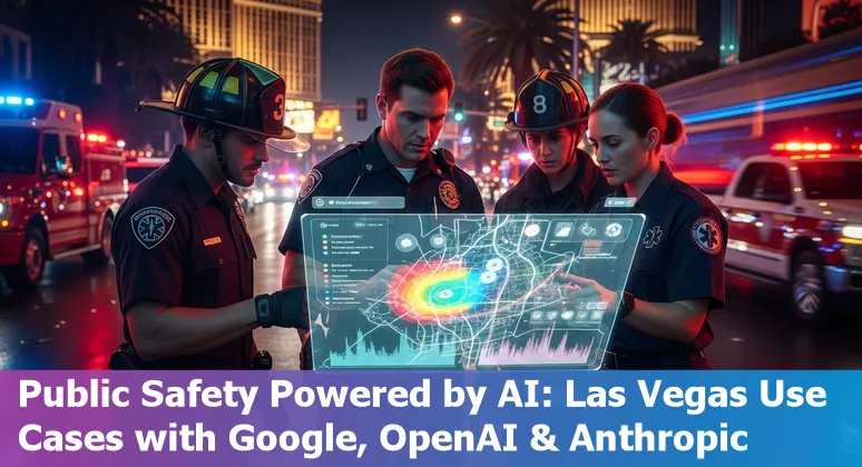 Las Vegas city skyline with AI icons representing chatbots, emergency response, permits, and accessibility.