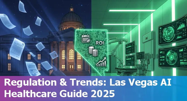 AI healthcare illustration with Las Vegas, Nevada skyline highlighting HLTH USA 2025 and AI applications