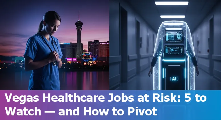 Healthcare worker reviewing AI and training materials with Las Vegas skyline in background