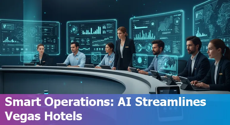 Hotel staff using AI dashboard in Las Vegas, Nevada hotel — energy, pricing, and guest chat tools shown