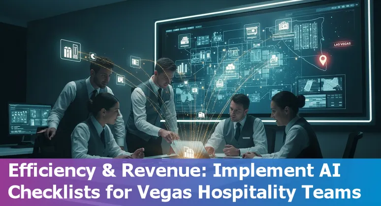 Las Vegas Strip hotel concierge using AI on a tablet with Sphere and residency show images.