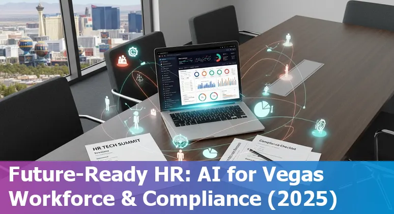 HR professional using AI tools on a laptop with Las Vegas skyline in background