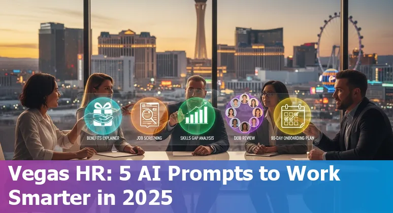Las Vegas HR team using AI prompts on a laptop with the Strip skyline in the background