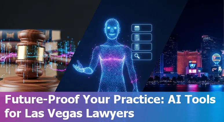Collage of AI tools logos over a Las Vegas skyline with law scales icon.