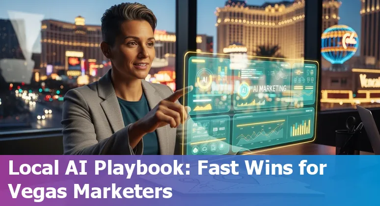 Marketing team using AI tools at a Las Vegas, Nevada office with the Strip visible through the window