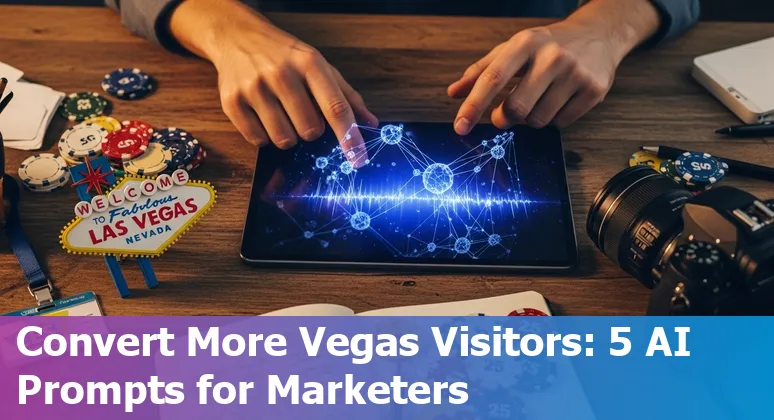 Marketing professional using AI prompts on a laptop with Las Vegas skyline in background
