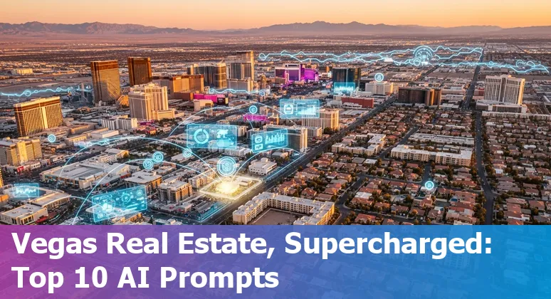 Las Vegas skyline with AI data overlays showing property values, foot traffic heatmaps, and construction progress.