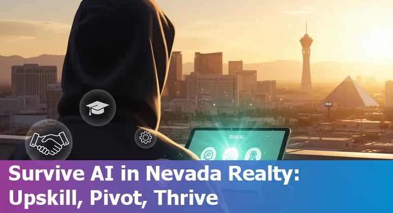 Las Vegas skyline with real estate icons and AI circuit lines overlay, signaling jobs at risk and adaptation.