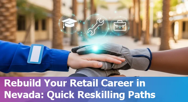 Las Vegas retail worker adapting to AI tools in a store next to self-checkout and inventory robot.