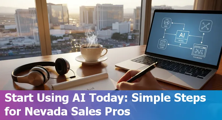 Sales professional using AI tools at a Las Vegas, Nevada trade show booth in 2025, with CES-style badge and laptop.