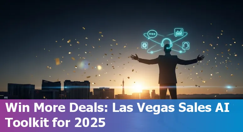 Sales professional using AI tools on a laptop with Las Vegas skyline and CES event imagery in the background.