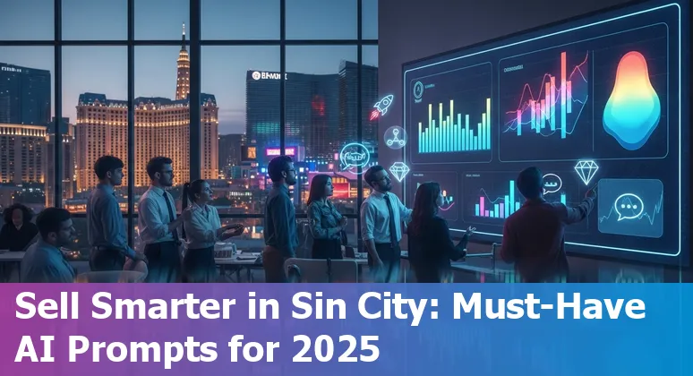 Sales professional using AI prompts on a laptop with Las Vegas skyline in background
