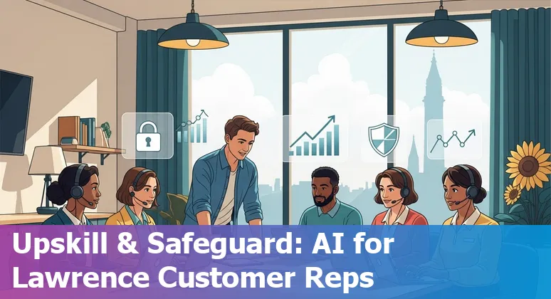 Customer service agent using AI tools in Lawrence, Kansas, US skyline background