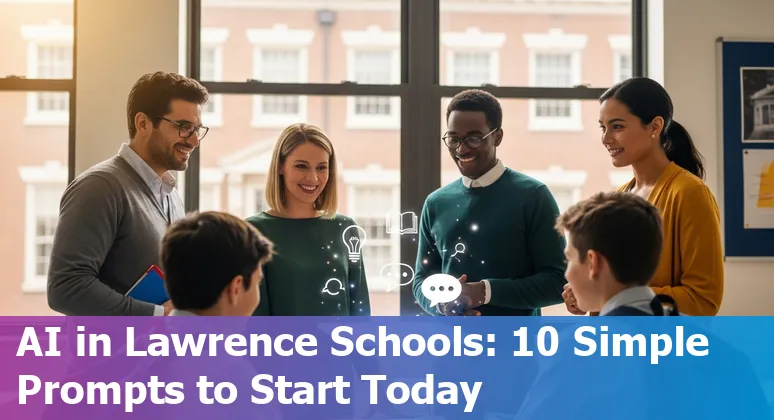Teacher using AI lesson-planning tools with University of Kansas campus in the background