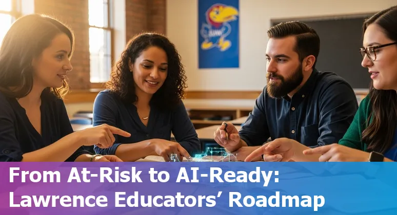 Lawrence, Kansas educators planning AI adaptations with laptops and a city map overlay