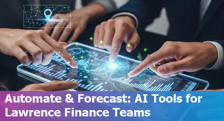 Collage of AI tools logos overlaid on a map pin at Lawrence, Kansas with finance icons like charts and calculators.