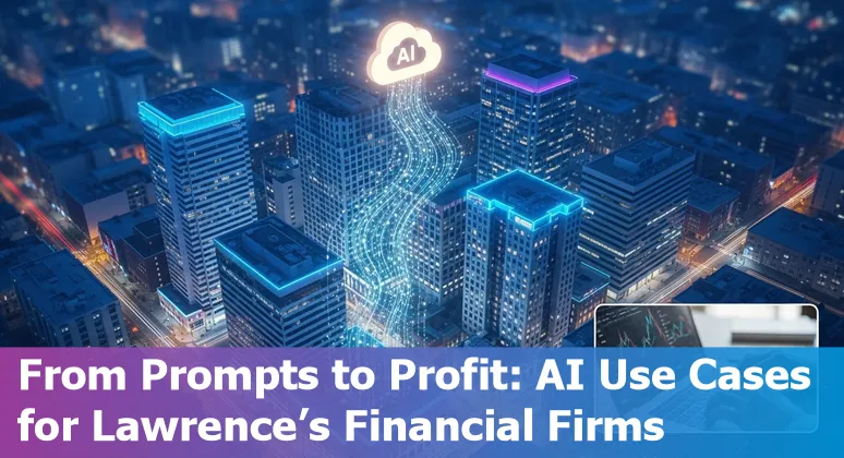 Financial services professionals in Lawrence, Kansas using AI prompts and tools on laptops in a local bank branch.
