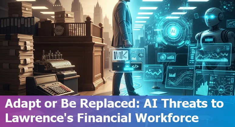 Lawrence, Kansas bankfront with digital AI overlay showing automation risk to financial jobs.