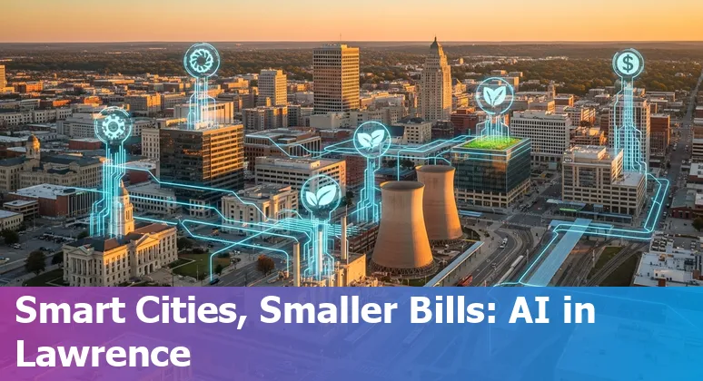 Illustration of AI improving government services in Lawrence, Kansas, US with icons for cloud, analytics, and cost savings