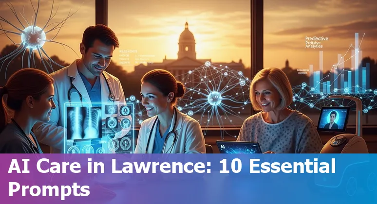 Doctors and AI tools collaborating in a Lawrence, Kansas clinic — medical imaging, wearables, and telehealth icons.