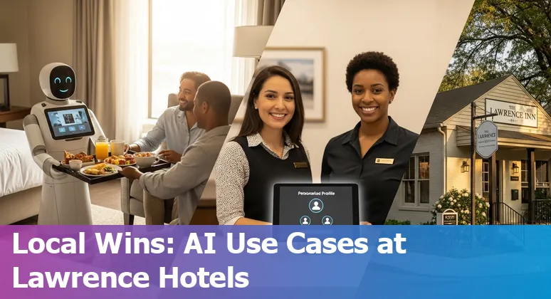 AI in hospitality in Lawrence, Kansas 2025: hotel staff using AI dashboard and chatbot to manage guest requests near KU and the Gateway District.