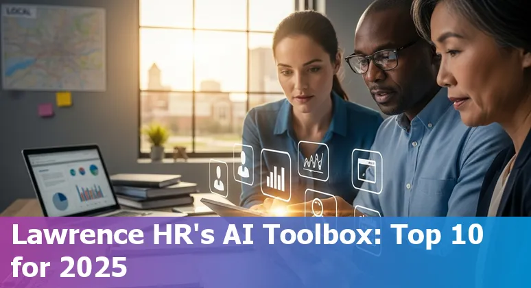 HR professional using AI tools dashboard with Lawrence, Kansas skyline in background.