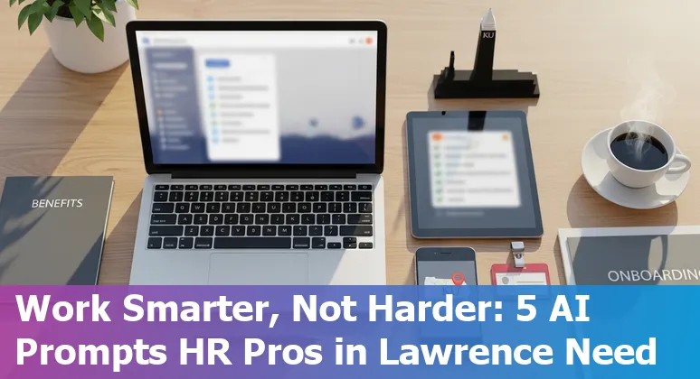 HR professional using AI prompts on laptop with Lawrence, Kansas skyline in the background