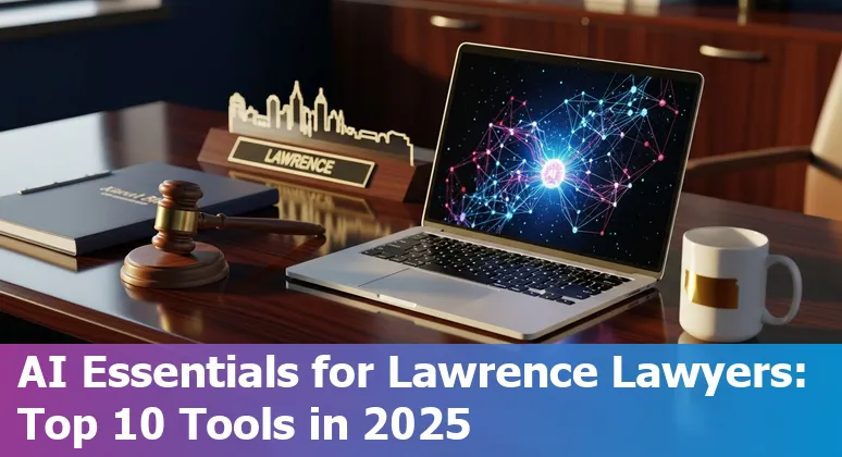Laptop showing legal AI tools dashboard with Lawrence, Kansas skyline in the background.
