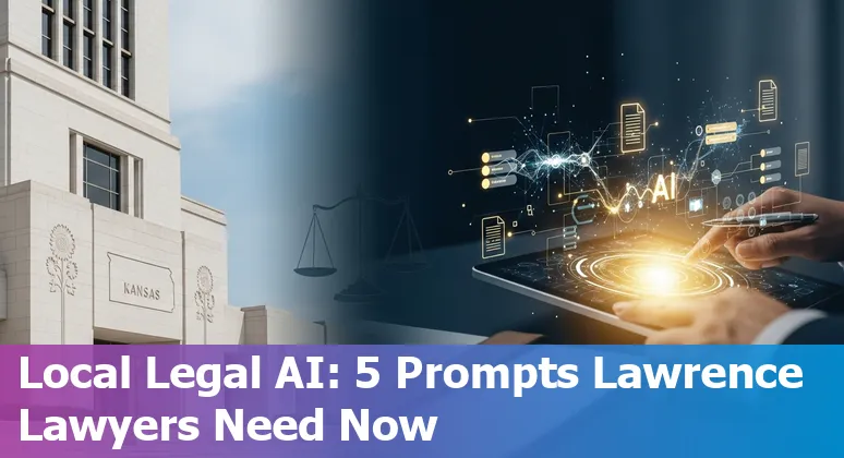 Law firm attorney using AI prompts on a laptop with Lawrence, Kansas courthouse in the background
